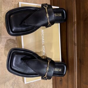 Michael Kors Black Leather Square-Toe Thong Sandals with Gold Hardware